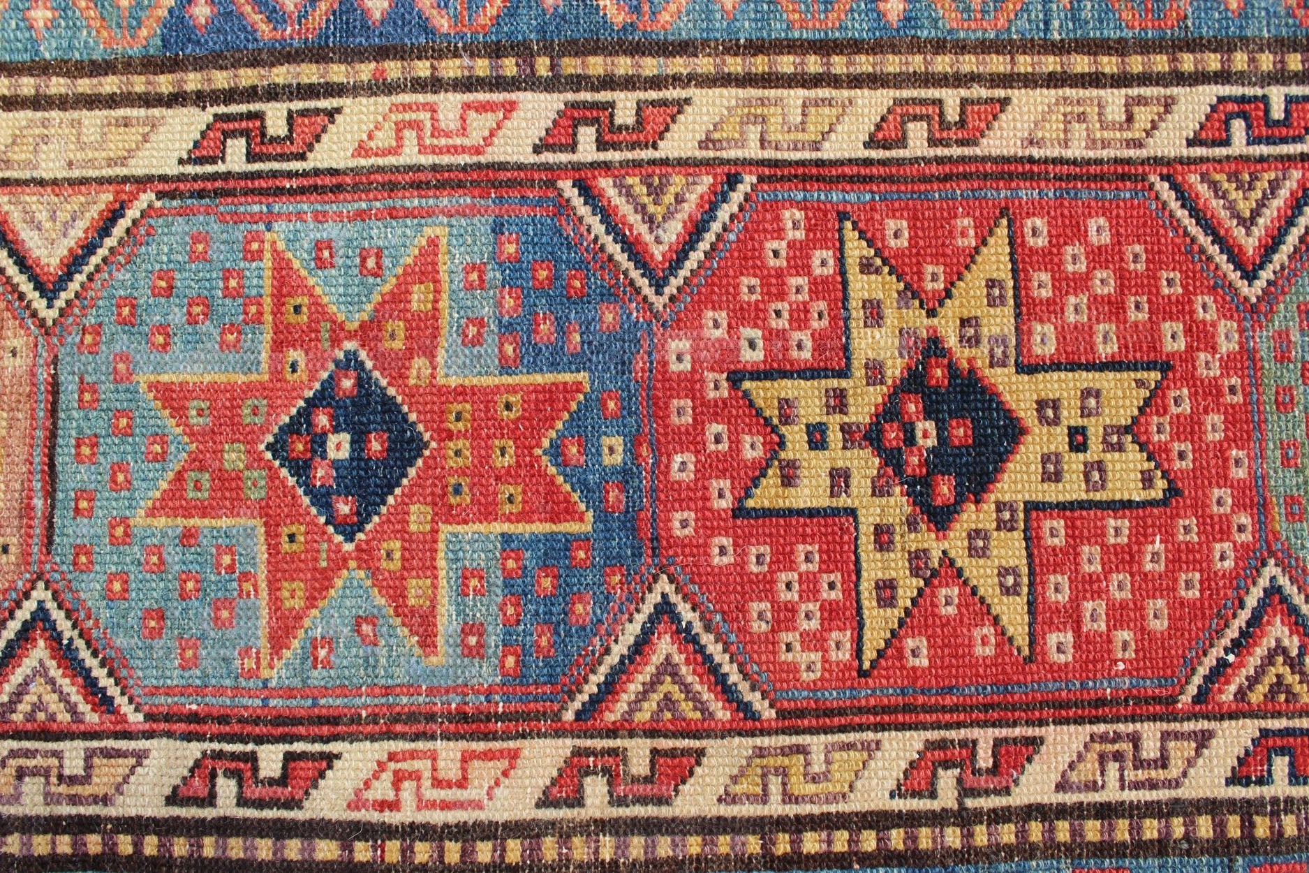 Antique Caucasian Kazak Runner with Medallions in Red, Blue, and Yellow. Keivan Woven Arts / rug L11 - 1205, country of origin / type: Iran / Tribal, circa 1900 Measures: 3'6 x 16. This antique Caucasian Kazak runner features multiple repeating med... - Keivan Woven ArtsL11 - 1205 - 7409Rug