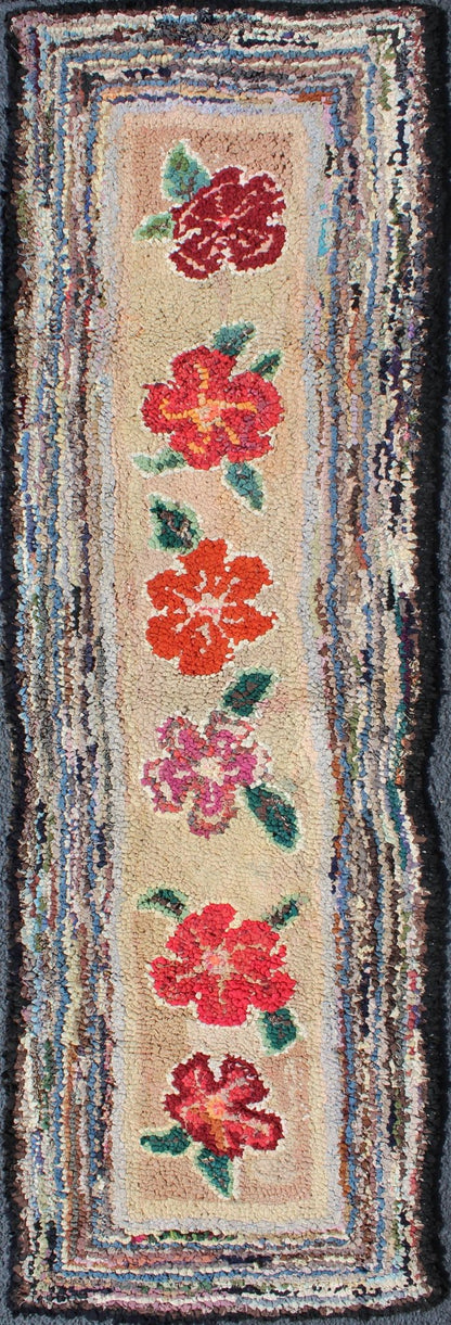 American Hooked Runner with Colorful Vertical Floral Medallion Design American Hooked runner with colorful vertical medallion design, Keivan Woven Arts / rug L11 - 1210, country of origin / type: United States / hooked, circa 1920. This... - Keivan Woven ArtsL11 - 1210 - 2991Rug