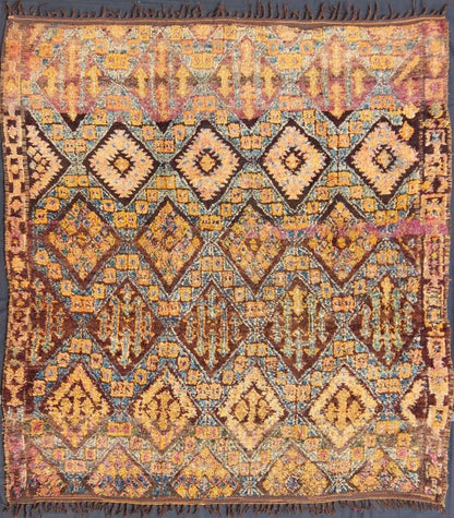 Vintage Square Moroccan Beni Ouarain In Earthy Tones With Pops of Blue and Gold Measures: 7'9'' x 8'4''. This piece is a thick and lush vintage tribal Moroccan carpet which originated from the northern Middle Atlas mountains. The weavers of t... - Keivan Woven ArtsLCB - 136638 - 7329Rug