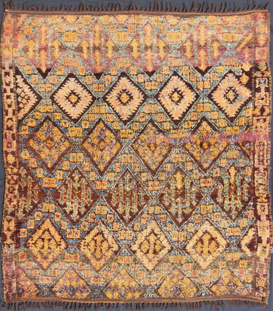 Vintage Square Moroccan Beni Ouarain In Earthy Tones With Pops of Blue and Gold Measures: 7'9'' x 8'4''. This piece is a thick and lush vintage tribal Moroccan carpet which originated from the northern Middle Atlas mountains. The weavers of t... - Keivan Woven ArtsLCB - 136638 - 7329Rug