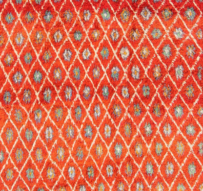 Orange and Red Background Vintage Moroccan Rug with All - Over Diamond Pattern Measures: 6'9'' x 9'0''. This Moroccan rug has an all - over diamond geometric pattern with ivory outlines, set on a field shaded with orange and red. The border featu... - Keivan Woven ArtsLCB - 136641 - 7333Rug
