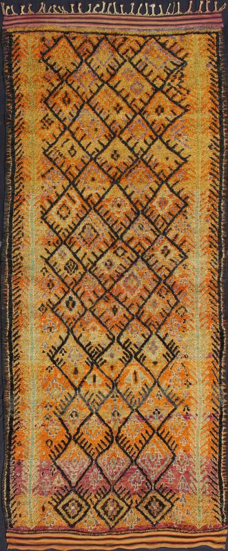 Vintage Moroccan Large Gallery Runner with Tribal Geometric Design Measures: 6'6'' x 16'0''. This vintage Moroccan rug was woven by the Moroccan Berber tribes of Talsint. A lovely gallery rug, it has a two long mint green vines that run on ei... - Keivan Woven ArtsLCB - 136642 - 7337Rug