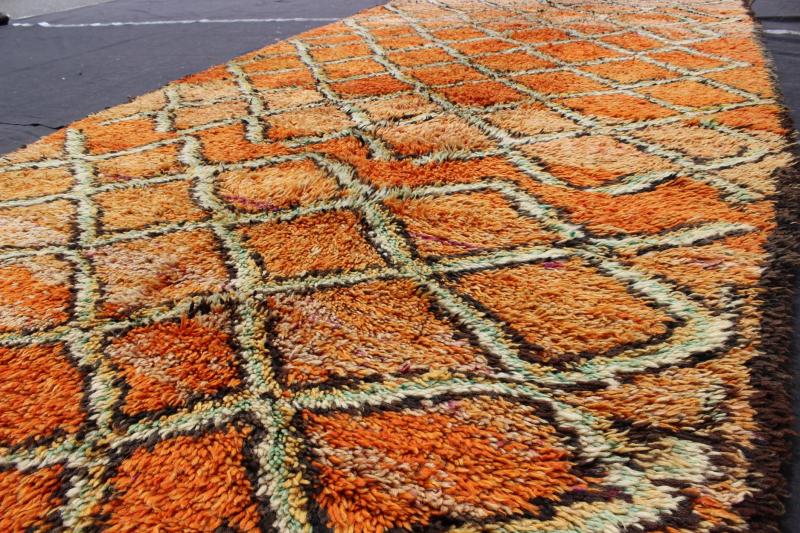 Wide Runner, Vintage Moroccan Gallery Rug with Diamond Design in Orange & Green Measures: 4'10'' x 11'4''. This piece is an extremely lively and colorful vintage Moroccan gallery rug. Featuring lush wool, it was woven in the High Atlas Mount... - Keivan Woven ArtsLCB - 136648 - 7341Rug