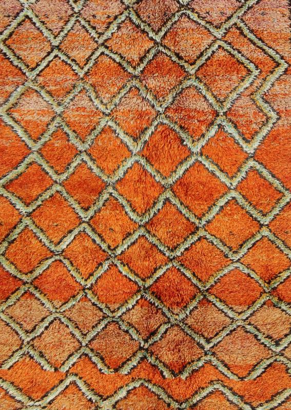 Wide Runner, Vintage Moroccan Gallery Rug with Diamond Design in Orange & Green Measures: 4'10'' x 11'4''. This piece is an extremely lively and colorful vintage Moroccan gallery rug. Featuring lush wool, it was woven in the High Atlas Mount... - Keivan Woven ArtsLCB - 136648 - 7341Rug