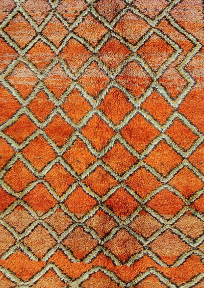Wide Runner, Vintage Moroccan Gallery Rug with Diamond Design in Orange & Green Measures: 4'10'' x 11'4''. This piece is an extremely lively and colorful vintage Moroccan gallery rug. Featuring lush wool, it was woven in the High Atlas Mount... - Keivan Woven ArtsLCB - 136648 - 7341Rug