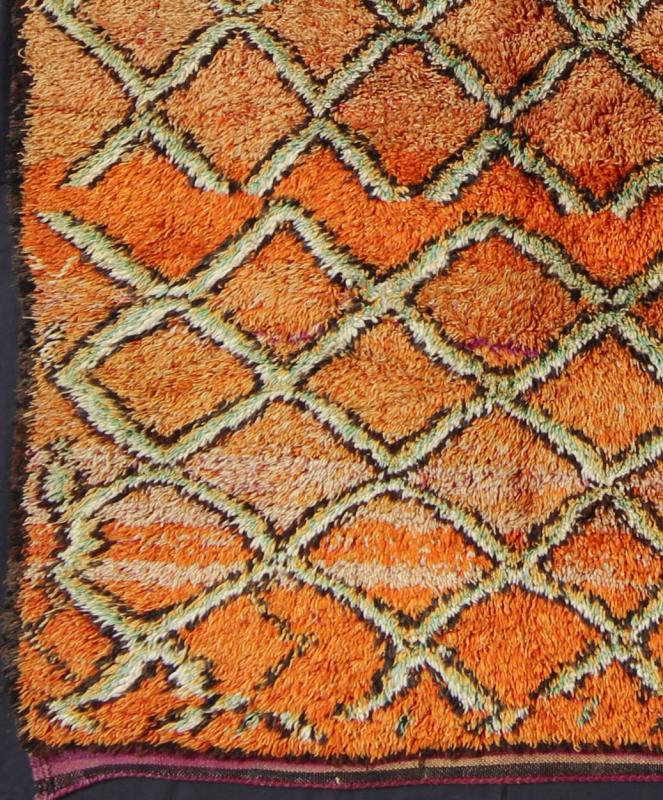 Wide Runner, Vintage Moroccan Gallery Rug with Diamond Design in Orange & Green Measures: 4'10'' x 11'4''. This piece is an extremely lively and colorful vintage Moroccan gallery rug. Featuring lush wool, it was woven in the High Atlas Mount... - Keivan Woven ArtsLCB - 136648 - 7341Rug
