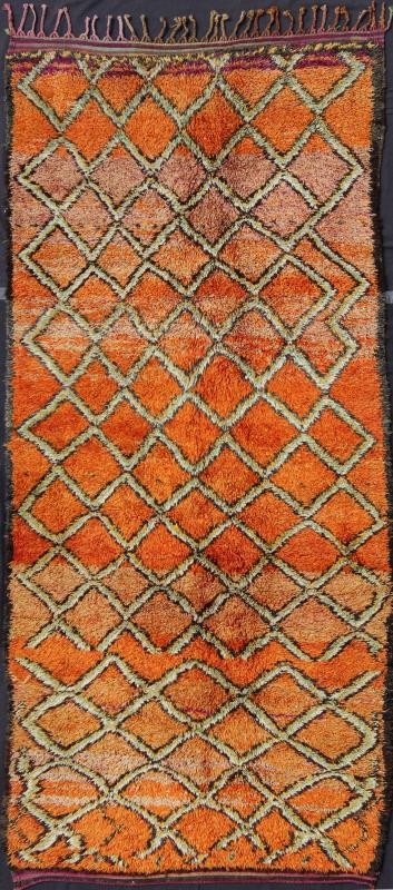 Wide Runner, Vintage Moroccan Gallery Rug with Diamond Design in Orange & Green Measures: 4'10'' x 11'4''. This piece is an extremely lively and colorful vintage Moroccan gallery rug. Featuring lush wool, it was woven in the High Atlas Mount... - Keivan Woven ArtsLCB - 136648 - 7341Rug