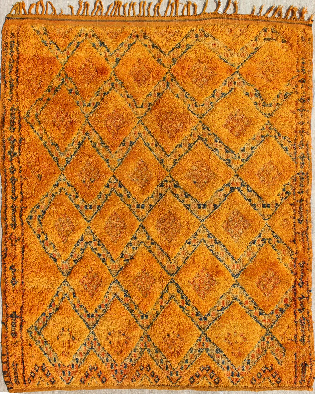 Saffron Colored Antique Moroccan Carpet with Geometric and Diamond Pattern Saffron color antique Moroccan carpet with geometric patterns with charcoal and ivory, Keivan Woven Arts / rug LCB - 18 - 145, country of origin / type: Morocco / Tribal, ci... - Keivan Woven ArtsLCB - 18 - 145 - 9603Rug