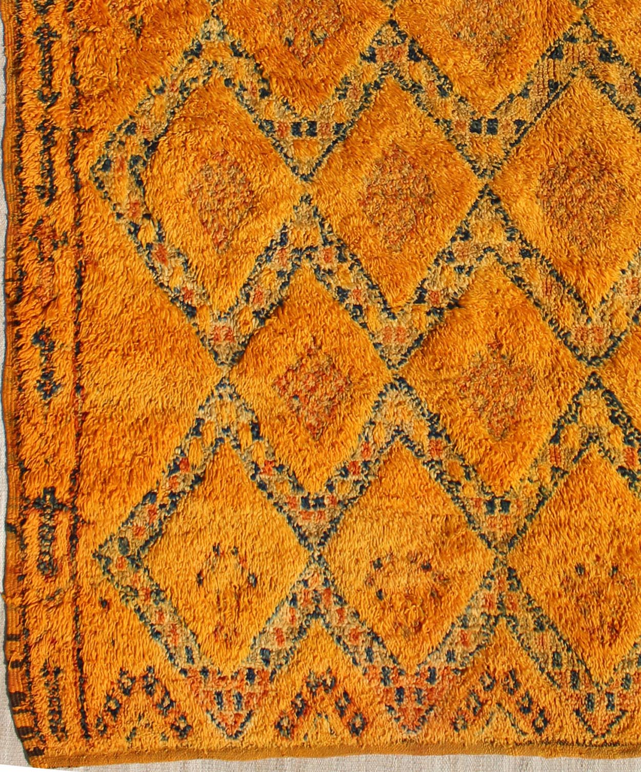 Saffron Colored Antique Moroccan Carpet with Geometric and Diamond Pattern Saffron color antique Moroccan carpet with geometric patterns with charcoal and ivory, Keivan Woven Arts / rug LCB - 18 - 145, country of origin / type: Morocco / Tribal, ci... - Keivan Woven ArtsLCB - 18 - 145 - 9603Rug
