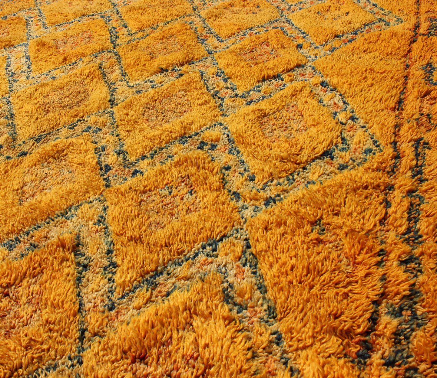 Saffron Colored Antique Moroccan Carpet with Geometric and Diamond Pattern Saffron color antique Moroccan carpet with geometric patterns with charcoal and ivory, Keivan Woven Arts / rug LCB - 18 - 145, country of origin / type: Morocco / Tribal, ci... - Keivan Woven ArtsLCB - 18 - 145 - 9603Rug