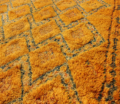 Saffron Colored Antique Moroccan Carpet with Geometric and Diamond Pattern Saffron color antique Moroccan carpet with geometric patterns with charcoal and ivory, Keivan Woven Arts / rug LCB - 18 - 145, country of origin / type: Morocco / Tribal, ci... - Keivan Woven ArtsLCB - 18 - 145 - 9603Rug