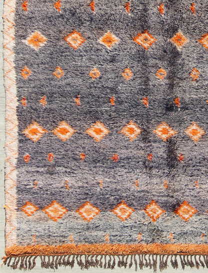 Charcoal and Orange Vintage Moroccan Rug with Geometric Design Moroccan Vintage Rug with Orange Geometric Design Rendered on a Variegated Charcoal Field, rug lcb - 18 - 79, country of origin / type: Morocco / Tribal, circa 1940. Crafted in t... - Keivan Woven ArtsLCB - 18 - 79 - 9587Rug