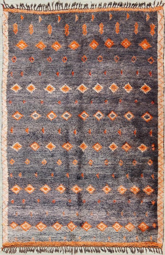 Charcoal and Orange Vintage Moroccan Rug with Geometric Design Moroccan Vintage Rug with Orange Geometric Design Rendered on a Variegated Charcoal Field, rug lcb - 18 - 79, country of origin / type: Morocco / Tribal, circa 1940. Crafted in t... - Keivan Woven ArtsLCB - 18 - 79 - 9587Rug