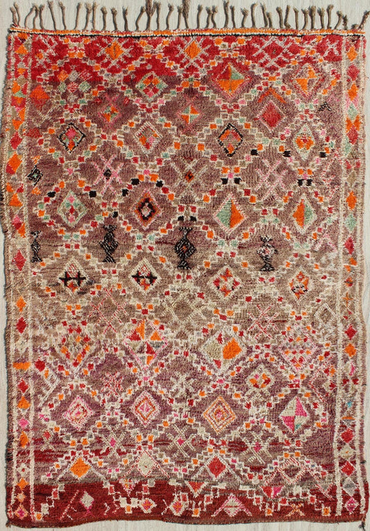 Tribal Design Vintage Hand Knotted Moroccan Rug in Orange, Red, Green, and Lt Brown Tribal design vintage Moroccan rug in red, orange, green, brown, Keivan Woven Arts / rug LCB - 18 - 88, country of origin / type: Morocco / Tribal, circa 1940. ... - Keivan Woven ArtsLCB - 18 - 88 - 9595Rug