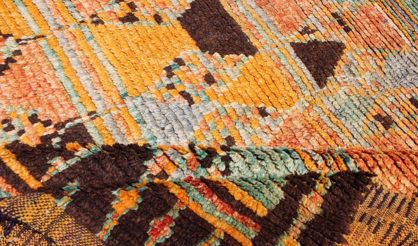 Long Vintage Moroccan Gallery Runner with Tribal Design in Orange, Brown, Blue and Green. Mid - 20th Century, Keivan Woven Arts rug/ LCB - 211 Moroccan Gallery rug. Measures: 4'9 x 12'9. Rendered in a variety of abstract and random shapes with a ... - Keivan Woven ArtsLCB - 211 - 5295Rug
