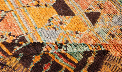 Long Vintage Moroccan Gallery Runner with Tribal Design in Orange, Brown, Blue and Green. Mid - 20th Century, Keivan Woven Arts rug/ LCB - 211 Moroccan Gallery rug. Measures: 4'9 x 12'9. Rendered in a variety of abstract and random shapes with a ... - Keivan Woven ArtsLCB - 211 - 5295Rug