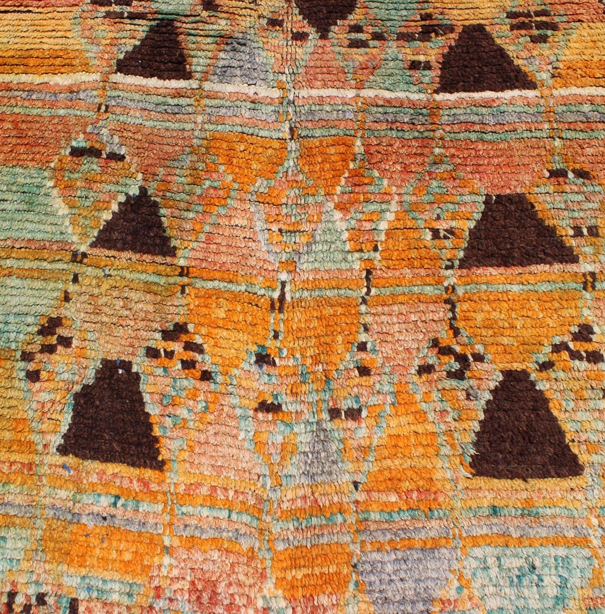 Long Vintage Moroccan Gallery Runner with Tribal Design in Orange, Brown, Blue and Green. Mid - 20th Century, Keivan Woven Arts rug/ LCB - 211 Moroccan Gallery rug. Measures: 4'9 x 12'9. Rendered in a variety of abstract and random shapes with a ... - Keivan Woven ArtsLCB - 211 - 5295Rug