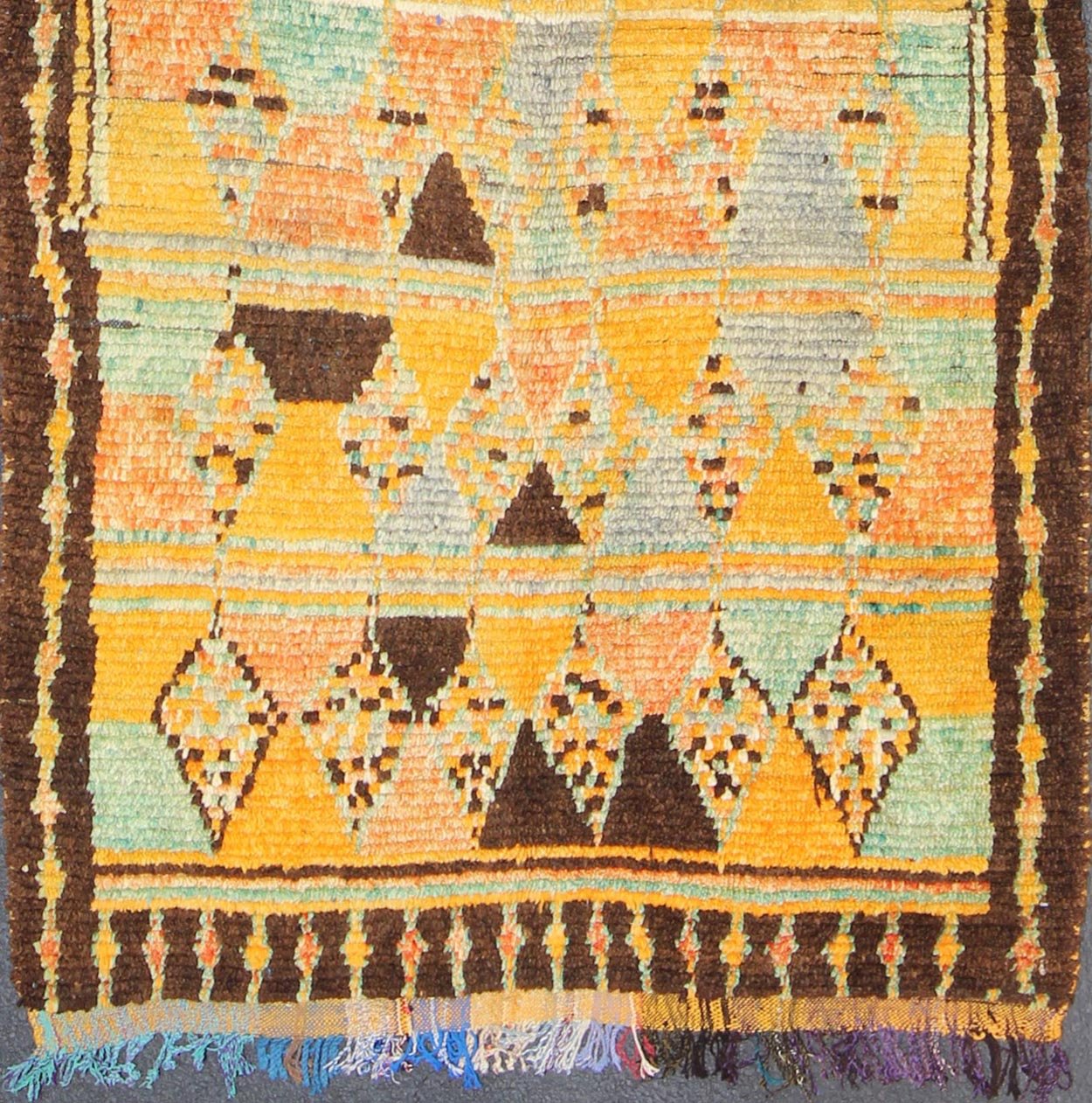 Long Vintage Moroccan Gallery Runner with Tribal Design in Orange, Brown, Blue and Green. Mid - 20th Century, Keivan Woven Arts rug/ LCB - 211 Moroccan Gallery rug. Measures: 4'9 x 12'9. Rendered in a variety of abstract and random shapes with a ... - Keivan Woven ArtsLCB - 211 - 5295Rug