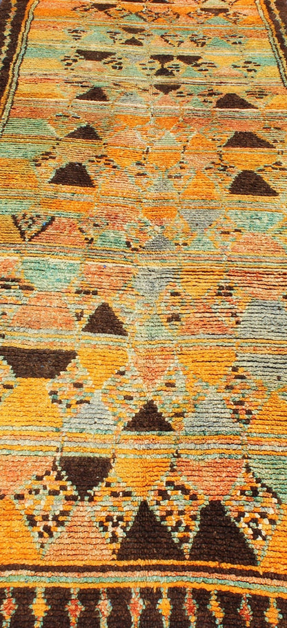 Long Vintage Moroccan Gallery Runner with Tribal Design in Orange, Brown, Blue and Green. Mid - 20th Century, Keivan Woven Arts rug/ LCB - 211 Moroccan Gallery rug. Measures: 4'9 x 12'9. Rendered in a variety of abstract and random shapes with a ... - Keivan Woven ArtsLCB - 211 - 5295Rug