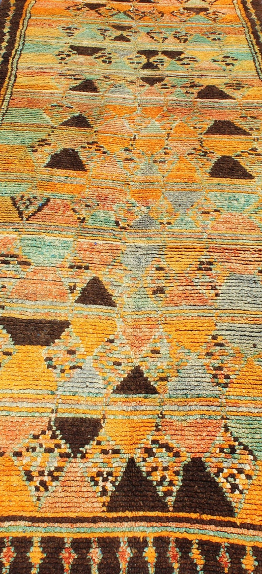 Long Vintage Moroccan Gallery Runner with Tribal Design in Orange, Brown, Blue and Green. Mid - 20th Century, Keivan Woven Arts rug/ LCB - 211 Moroccan Gallery rug. Measures: 4'9 x 12'9. Rendered in a variety of abstract and random shapes with a ... - Keivan Woven ArtsLCB - 211 - 5295Rug