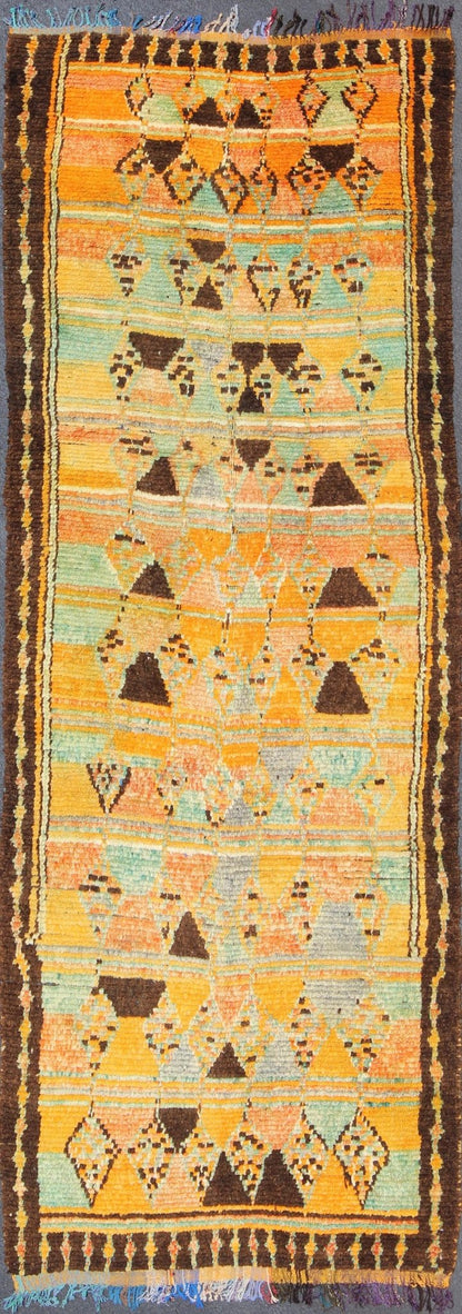 Long Vintage Moroccan Gallery Runner with Tribal Design in Orange, Brown, Blue and Green. Mid - 20th Century, Keivan Woven Arts rug/ LCB - 211 Moroccan Gallery rug. Measures: 4'9 x 12'9. Rendered in a variety of abstract and random shapes with a ... - Keivan Woven ArtsLCB - 211 - 5295Rug