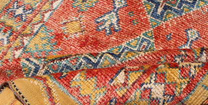Colorful Moroccan Runner in Orange, Blue, Yellow and Gold Colors. Keivan Woven Arts / rug LCB - 571, country of origin / type: Morocco / Tribal, circa 1950 Rendered with four medallions and random shapes of spotted and speckled with an assortment ... - Keivan Woven ArtsLCB - 571 - 5301Rug