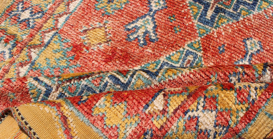 Colorful Moroccan Runner in Orange, Blue, Yellow and Gold Colors. Keivan Woven Arts / rug LCB - 571, country of origin / type: Morocco / Tribal, circa 1950 Rendered with four medallions and random shapes of spotted and speckled with an assortment ... - Keivan Woven ArtsLCB - 571 - 5301Rug