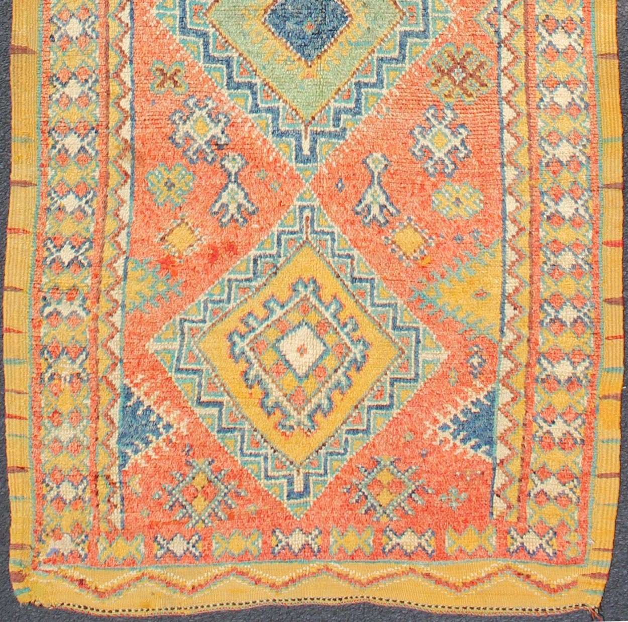 Colorful Moroccan Runner in Orange, Blue, Yellow and Gold Colors. Keivan Woven Arts / rug LCB - 571, country of origin / type: Morocco / Tribal, circa 1950 Rendered with four medallions and random shapes of spotted and speckled with an assortment ... - Keivan Woven ArtsLCB - 571 - 5301Rug