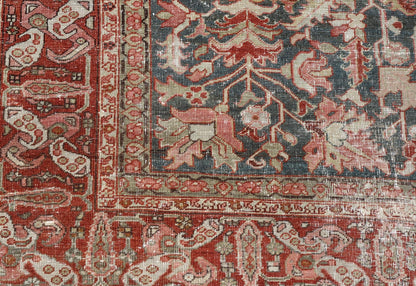 Persian Antique Heriz Rug with All - Over Geometric Design in Gray - Blue and Red. Keivan Woven Arts / Rug / LH - A38498, country of origin / type: Iran /Heriz, circa 1910. Measures: 8'5 x 11'2 This lovely Antique Heriz rug, hailing from northwestern... - Keivan Woven ArtsLH - A38498 - 1841Rug