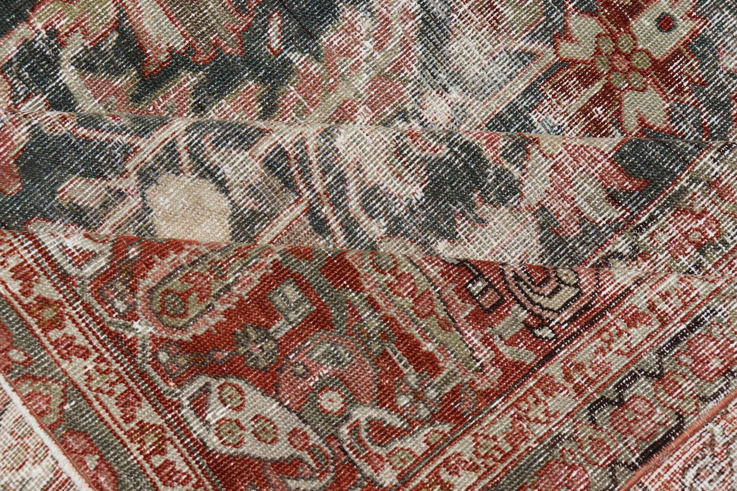 Persian Antique Heriz Rug with All - Over Geometric Design in Gray - Blue and Red. Keivan Woven Arts / Rug / LH - A38498, country of origin / type: Iran /Heriz, circa 1910. Measures: 8'5 x 11'2 This lovely Antique Heriz rug, hailing from northwestern... - Keivan Woven ArtsLH - A38498 - 1841Rug