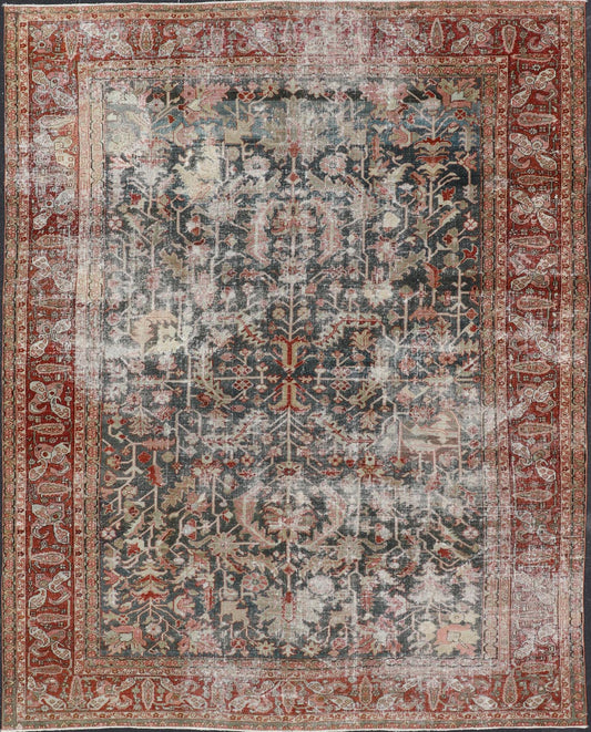 Persian Antique Heriz Rug with All - Over Geometric Design in Gray - Blue and Red. Keivan Woven Arts / Rug / LH - A38498, country of origin / type: Iran /Heriz, circa 1910. Measures: 8'5 x 11'2 This lovely Antique Heriz rug, hailing from northwestern... - Keivan Woven ArtsLH - A38498 - 1841Rug