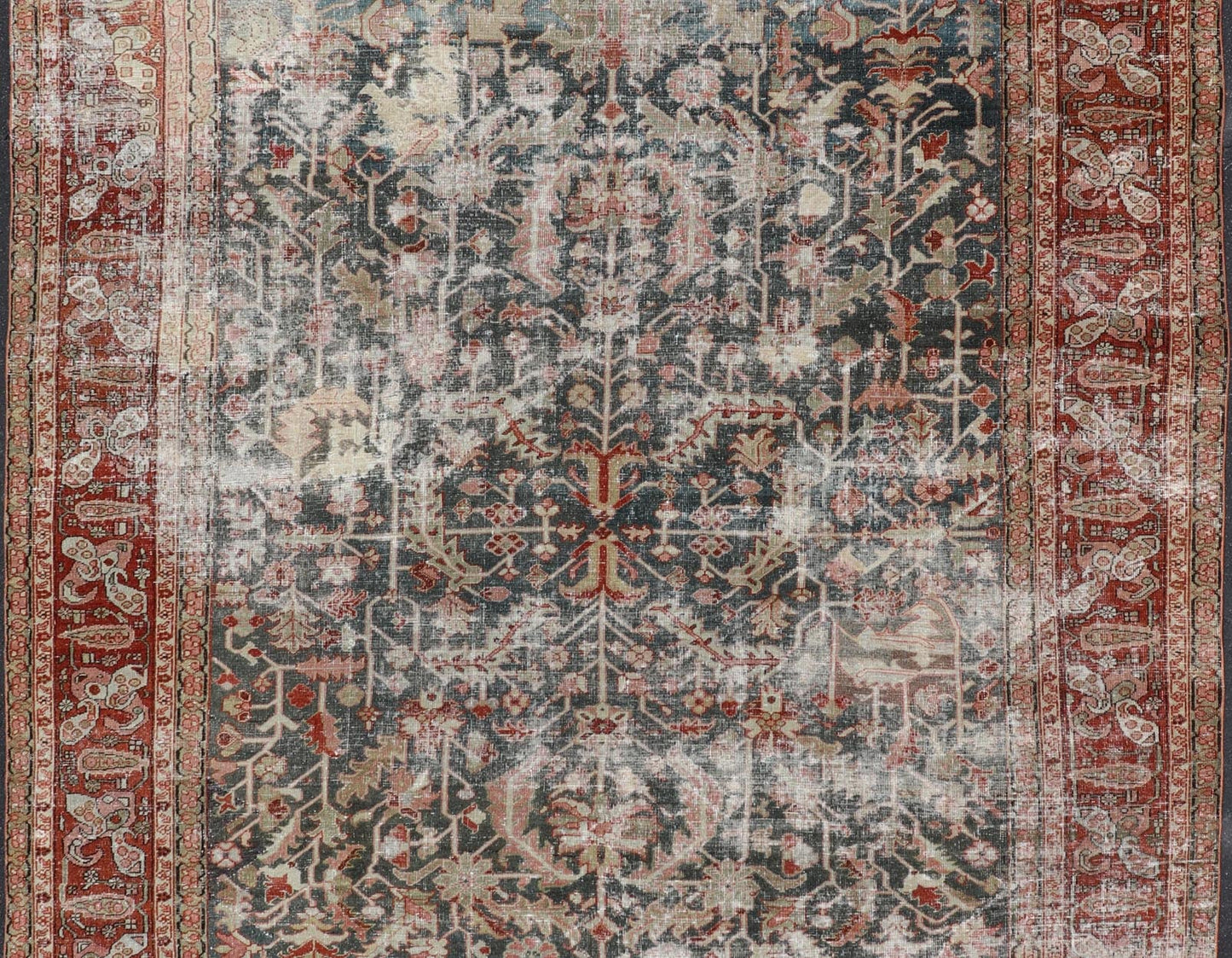Persian Antique Heriz Rug with All - Over Geometric Design in Gray - Blue and Red. Keivan Woven Arts / Rug / LH - A38498, country of origin / type: Iran /Heriz, circa 1910. Measures: 8'5 x 11'2 This lovely Antique Heriz rug, hailing from northwestern... - Keivan Woven ArtsLH - A38498 - 1841Rug