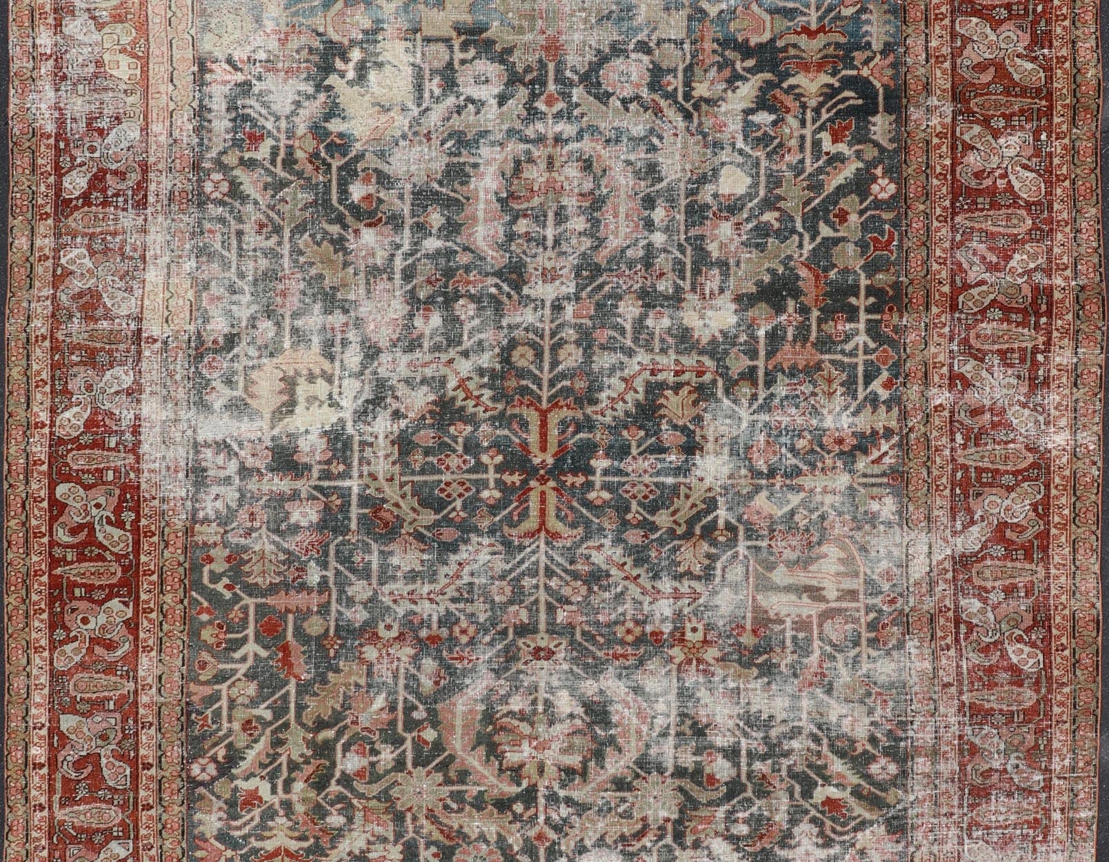 Persian Antique Heriz Rug with All - Over Geometric Design in Gray - Blue and Red. Keivan Woven Arts / Rug / LH - A38498, country of origin / type: Iran /Heriz, circa 1910. Measures: 8'5 x 11'2 This lovely Antique Heriz rug, hailing from northwestern... - Keivan Woven ArtsLH - A38498 - 1841Rug