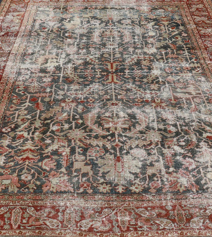 Persian Antique Heriz Rug with All - Over Geometric Design in Gray - Blue and Red. Keivan Woven Arts / Rug / LH - A38498, country of origin / type: Iran /Heriz, circa 1910. Measures: 8'5 x 11'2 This lovely Antique Heriz rug, hailing from northwestern... - Keivan Woven ArtsLH - A38498 - 1841Rug