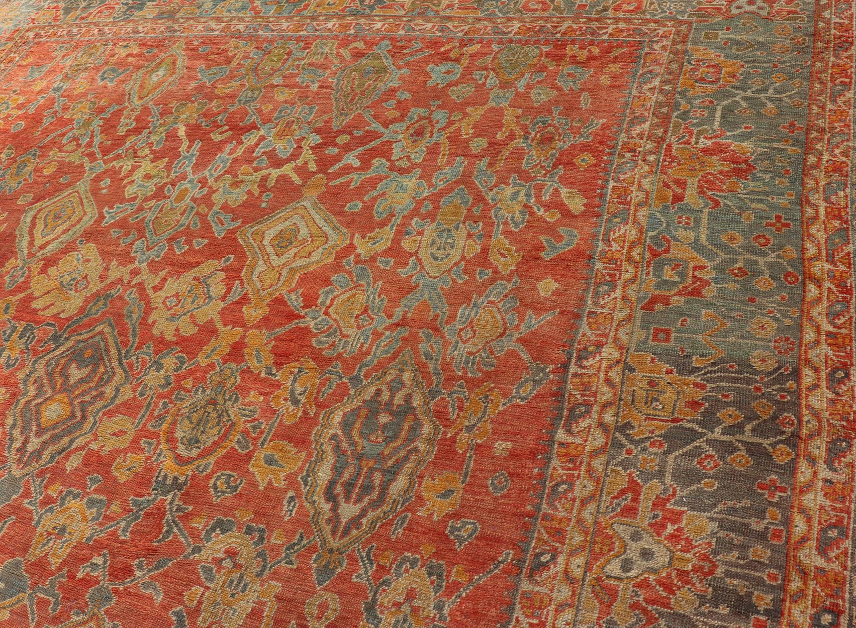 Antique Turkish Oushak Rug in Terracotta With All - Over Flower, Leaves and Vines. Keivan Woven Arts / rug M14 - 0401, country of origin / type: Turkey / Oushak, circa late 19th century Measures: 12'1 x 14'4. Variation of orange/terracotta an... - Keivan Woven ArtsM14 - 0401 - 104Rug