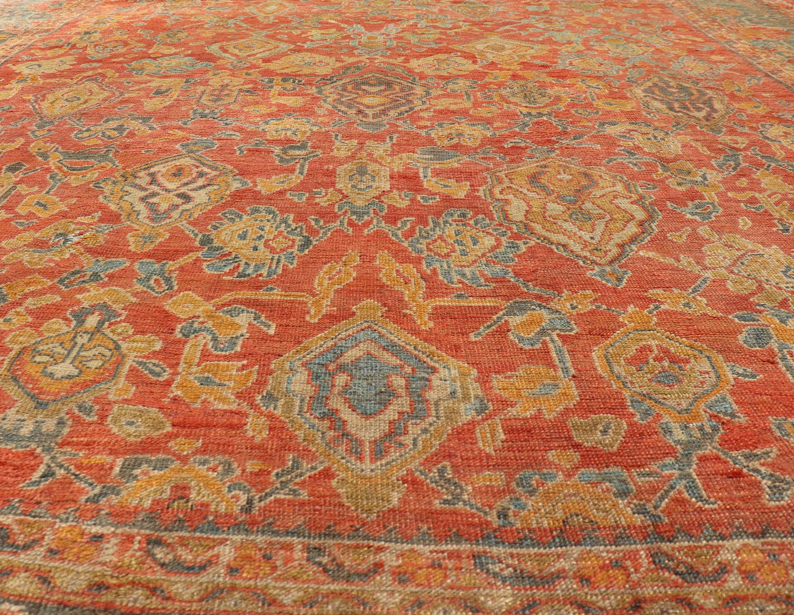 Antique Turkish Oushak Rug in Terracotta With All - Over Flower, Leaves and Vines. Keivan Woven Arts / rug M14 - 0401, country of origin / type: Turkey / Oushak, circa late 19th century Measures: 12'1 x 14'4. Variation of orange/terracotta an... - Keivan Woven ArtsM14 - 0401 - 104Rug