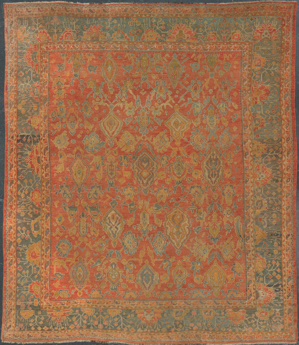 Antique Turkish Oushak Rug in Terracotta With All - Over Flower, Leaves and Vines. Keivan Woven Arts / rug M14 - 0401, country of origin / type: Turkey / Oushak, circa late 19th century Measures: 12'1 x 14'4. Variation of orange/terracotta an... - Keivan Woven ArtsM14 - 0401 - 104Rug