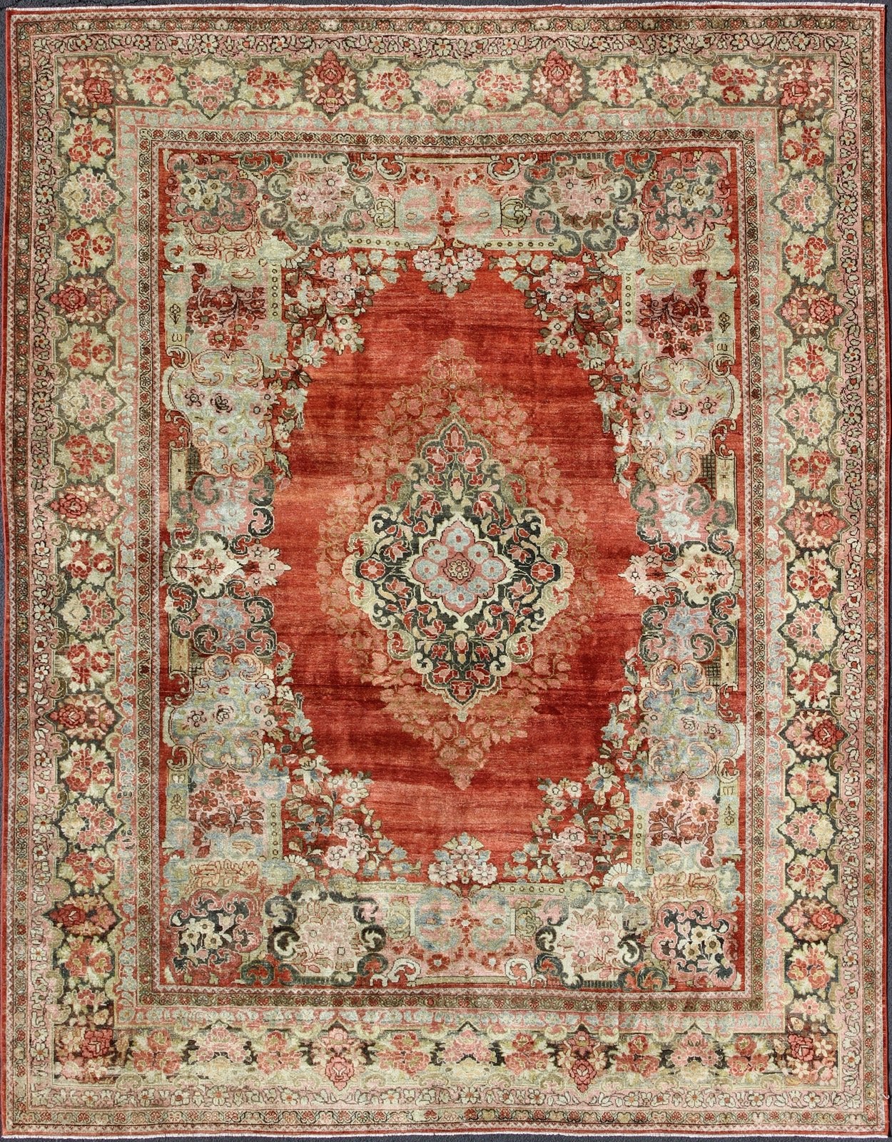 Persian Antique Mahal Rug with Beautiful Floral Design in Red, Pink, and Green. Keivan Woven Arts / rug M14 - 0408, country of origin / type: Iran / Mahal - Sultanabad, circa 1930 Measures: 10'11 x 13'10. This Persian Mahal rug (circa 1930) relies he... - Keivan Woven ArtsM14 - 0408 - 5349Rug