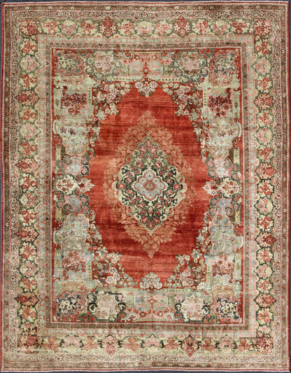 Persian Antique Mahal Rug with Beautiful Floral Design in Red, Pink, and Green. Keivan Woven Arts / rug M14 - 0408, country of origin / type: Iran / Mahal - Sultanabad, circa 1930 Measures: 10'11 x 13'10. This Persian Mahal rug (circa 1930) relies he... - Keivan Woven ArtsM14 - 0408 - 5349Rug