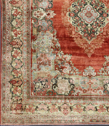 Persian Antique Mahal Rug with Beautiful Floral Design in Red, Pink, and Green. Keivan Woven Arts / rug M14 - 0408, country of origin / type: Iran / Mahal - Sultanabad, circa 1930 Measures: 10'11 x 13'10. This Persian Mahal rug (circa 1930) relies he... - Keivan Woven ArtsM14 - 0408 - 5349Rug