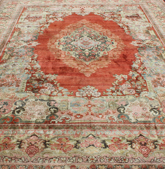 Persian Antique Mahal Rug with Beautiful Floral Design in Red, Pink, and Green. Keivan Woven Arts / rug M14 - 0408, country of origin / type: Iran / Mahal - Sultanabad, circa 1930 Measures: 10'11 x 13'10. This Persian Mahal rug (circa 1930) relies he... - Keivan Woven ArtsM14 - 0408 - 5349Rug