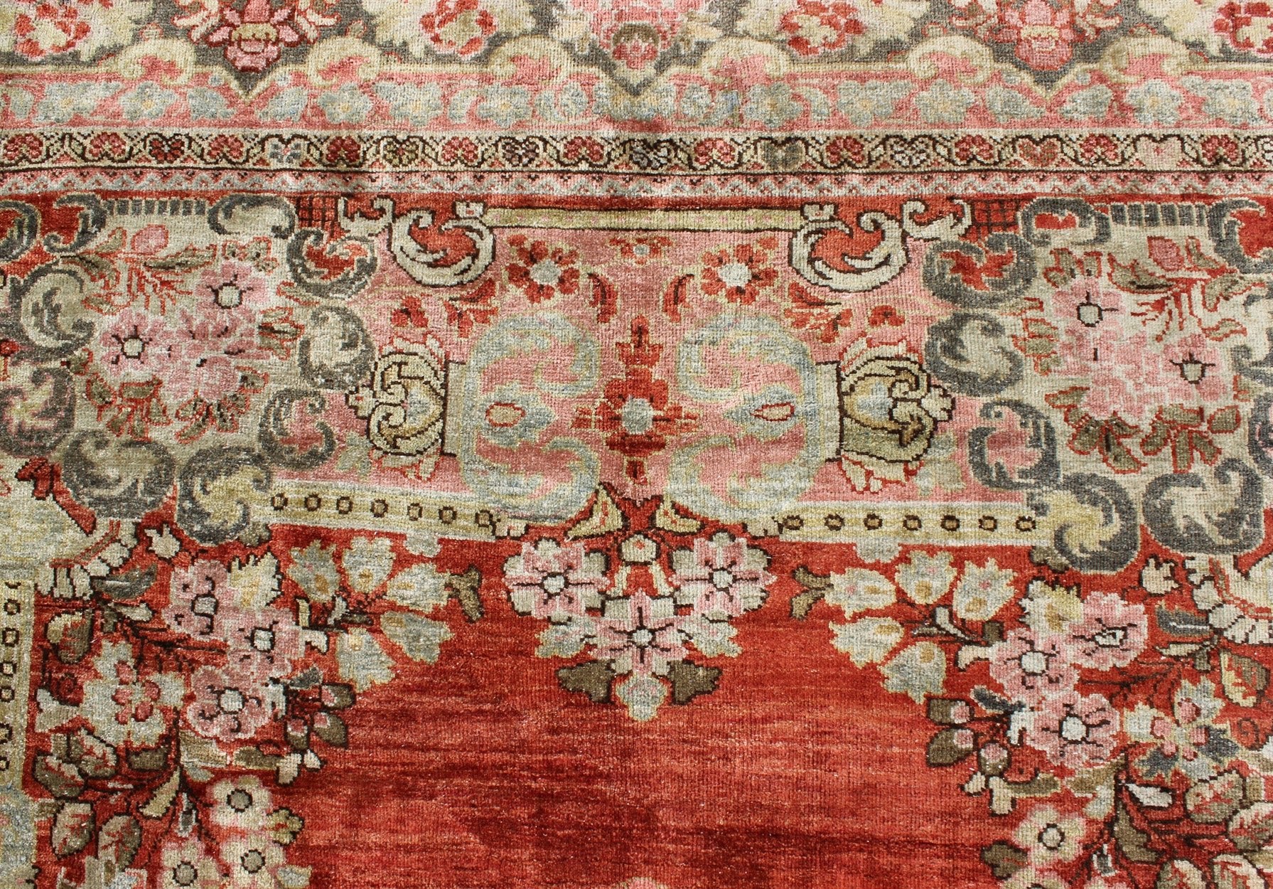 Persian Antique Mahal Rug with Beautiful Floral Design in Red, Pink, and Green. Keivan Woven Arts / rug M14 - 0408, country of origin / type: Iran / Mahal - Sultanabad, circa 1930 Measures: 10'11 x 13'10. This Persian Mahal rug (circa 1930) relies he... - Keivan Woven ArtsM14 - 0408 - 5349Rug