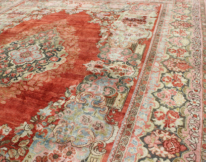 Persian Antique Mahal Rug with Beautiful Floral Design in Red, Pink, and Green. Keivan Woven Arts / rug M14 - 0408, country of origin / type: Iran / Mahal - Sultanabad, circa 1930 Measures: 10'11 x 13'10. This Persian Mahal rug (circa 1930) relies he... - Keivan Woven ArtsM14 - 0408 - 5349Rug
