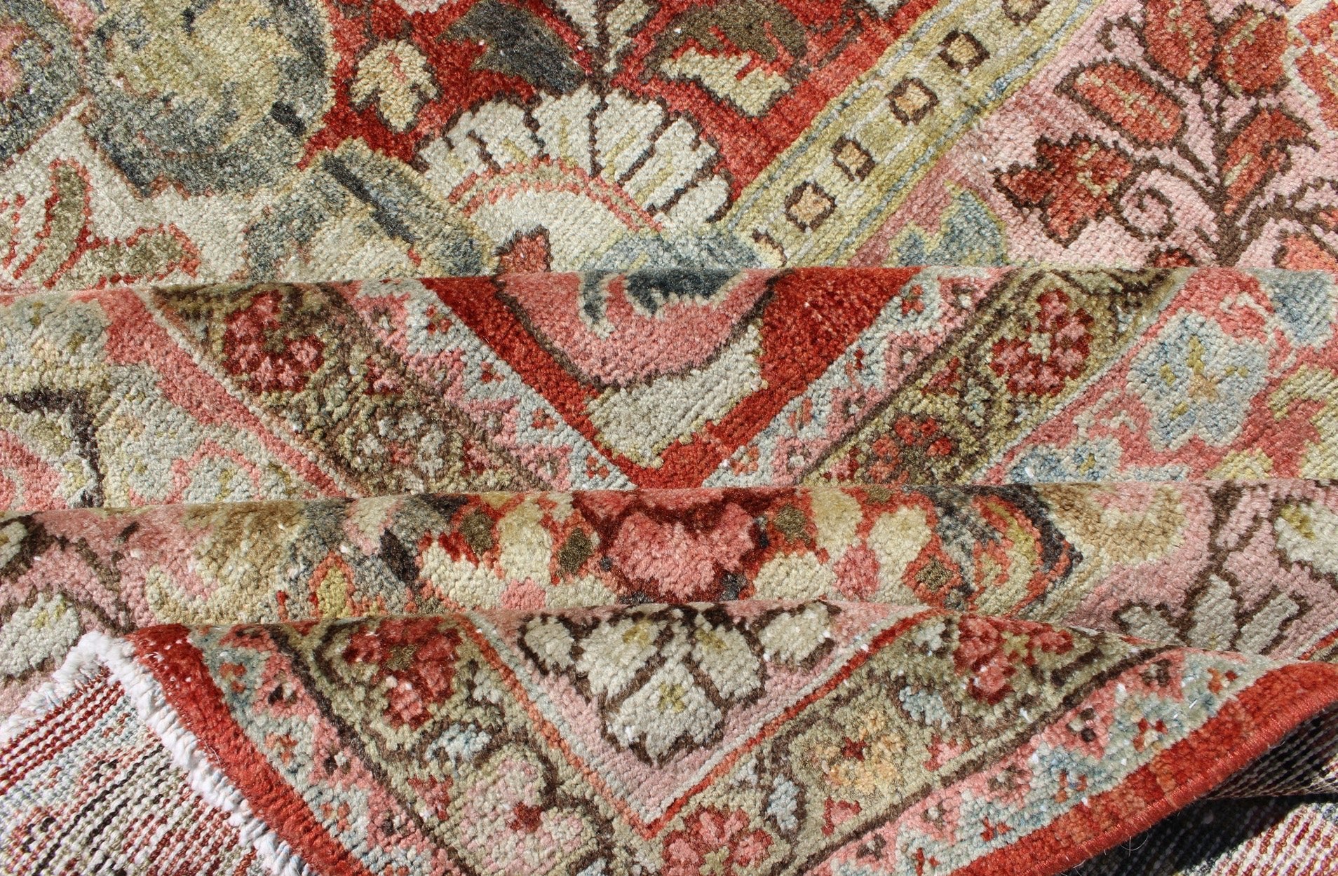Persian Antique Mahal Rug with Beautiful Floral Design in Red, Pink, and Green. Keivan Woven Arts / rug M14 - 0408, country of origin / type: Iran / Mahal - Sultanabad, circa 1930 Measures: 10'11 x 13'10. This Persian Mahal rug (circa 1930) relies he... - Keivan Woven ArtsM14 - 0408 - 5349Rug