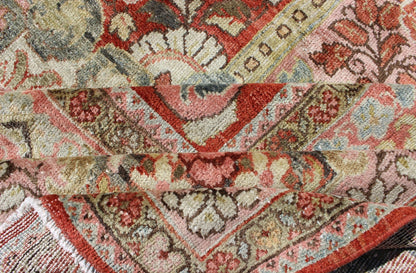 Persian Antique Mahal Rug with Beautiful Floral Design in Red, Pink, and Green. Keivan Woven Arts / rug M14 - 0408, country of origin / type: Iran / Mahal - Sultanabad, circa 1930 Measures: 10'11 x 13'10. This Persian Mahal rug (circa 1930) relies he... - Keivan Woven ArtsM14 - 0408 - 5349Rug