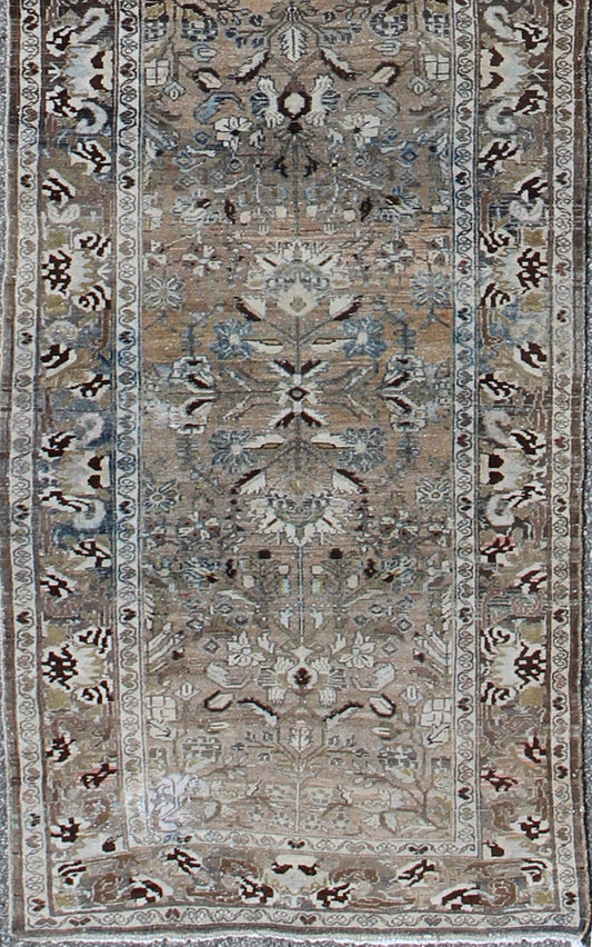 Long Persian Runner with Sophisticated Design in Tan, Olive and Brown Persian Long Runner with Sophisticated Design in Earthy Tones Rug/m14 - 0503, origin/ iran kwarugs This antique Persian runner with a sophisticated design features a uniq... - Keivan Woven ArtsM14 - 0503 - 5377Rug