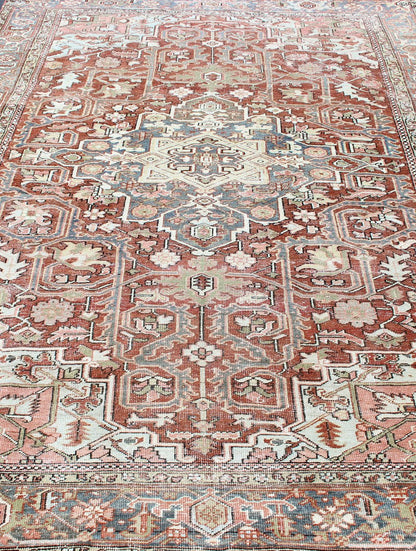 Persian Antique Heriz in Soft Red, Gray Blue, Pale Green & Geometric Design. Measures: 7'6 x 10'8 Gray blue, soft green, soft red Persian Heriz with geometric medallion design,rug M14 - 0513, country of origin / type: Iran / Heriz, circa ... - Keivan Woven ArtsM14 - 0513 - 5393Rug