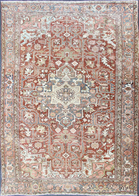 Persian Antique Heriz in Soft Red, Gray Blue, Pale Green & Geometric Design. Measures: 7'6 x 10'8 Gray blue, soft green, soft red Persian Heriz with geometric medallion design,rug M14 - 0513, country of origin / type: Iran / Heriz, circa ... - Keivan Woven ArtsM14 - 0513 - 5393