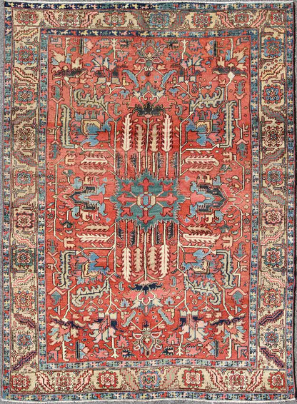 Antique All Over Serapi Goravan Rug in Soft Red, Yellow, L. Blue, Teal & L. Green Antique All Over Serapi Goravan Rug with geometric motifs, Keivan Woven Arts/rug/ M14 - 0806, country of origin / type: Iran / Serapi, Goravan, Heriz, circa 1900 ... - Keivan Woven ArtsM14 - 0806 - 5944Rug