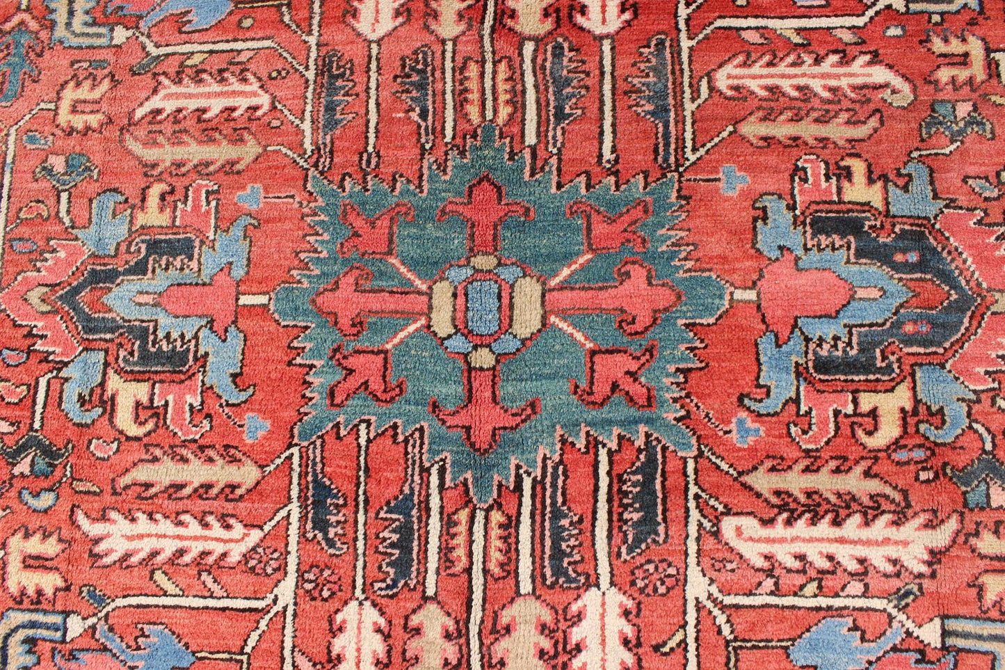 Antique All Over Serapi Goravan Rug in Soft Red, Yellow, L. Blue, Teal & L. Green Antique All Over Serapi Goravan Rug with geometric motifs, Keivan Woven Arts/rug/ M14 - 0806, country of origin / type: Iran / Serapi, Goravan, Heriz, circa 1900 ... - Keivan Woven ArtsM14 - 0806 - 5944Rug